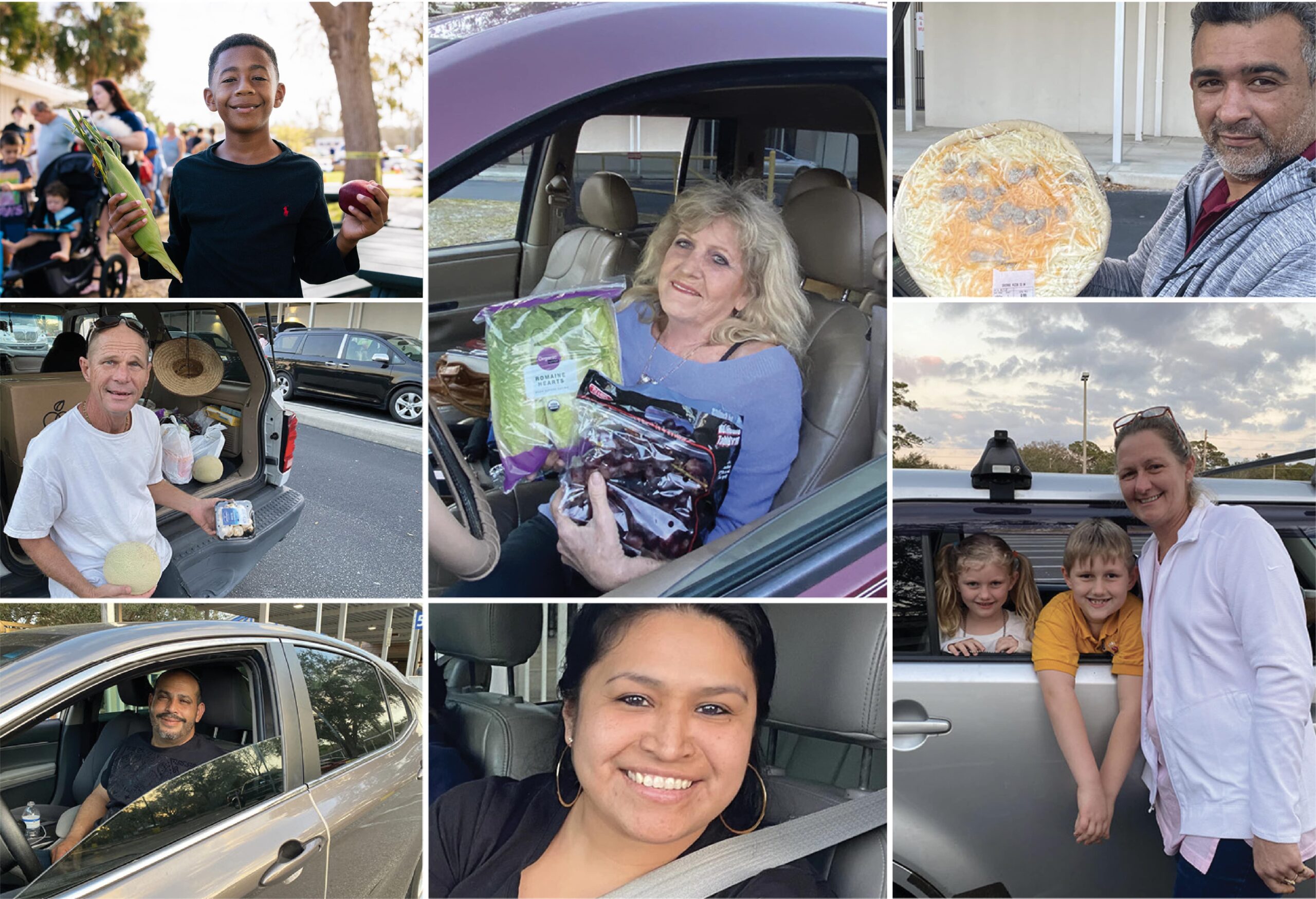 A collage of people in cars and some are smiling.