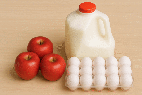 Milk, eggs, and three red apples.