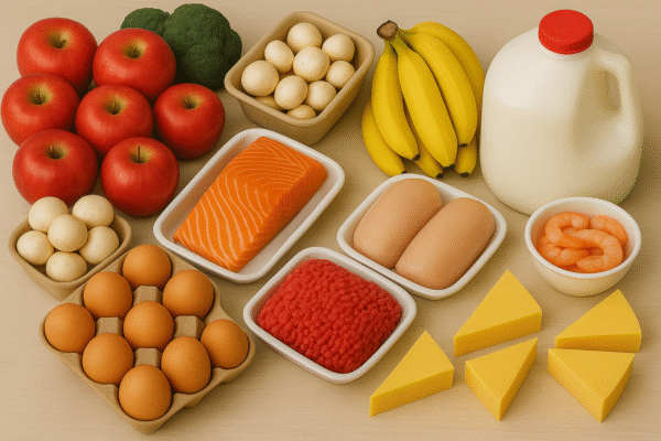 Balanced diet: fruit, protein, dairy, carbs.