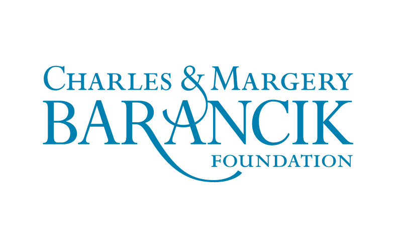 A blue logo of the charles and margery barancik foundation.